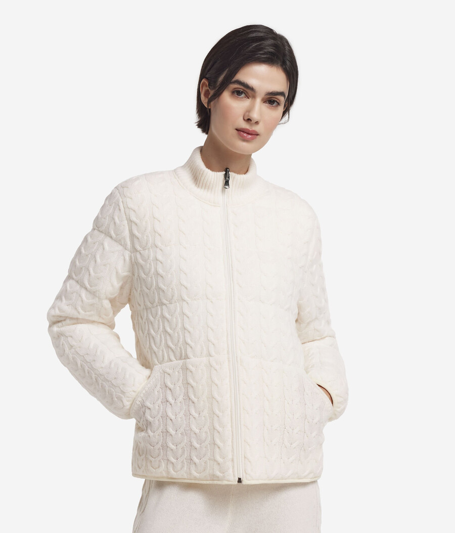 wendbare daunenjacke mit zopfmuster aus kaschmir und funktionsgewebe.