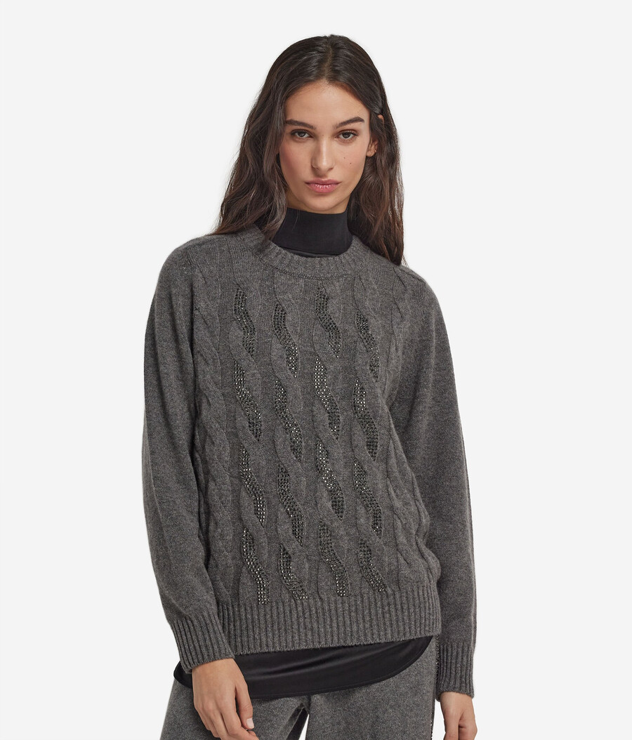 ultraweicher kaschmirpullover mit rundhalsausschnitt zopfmuster und strasssteinen