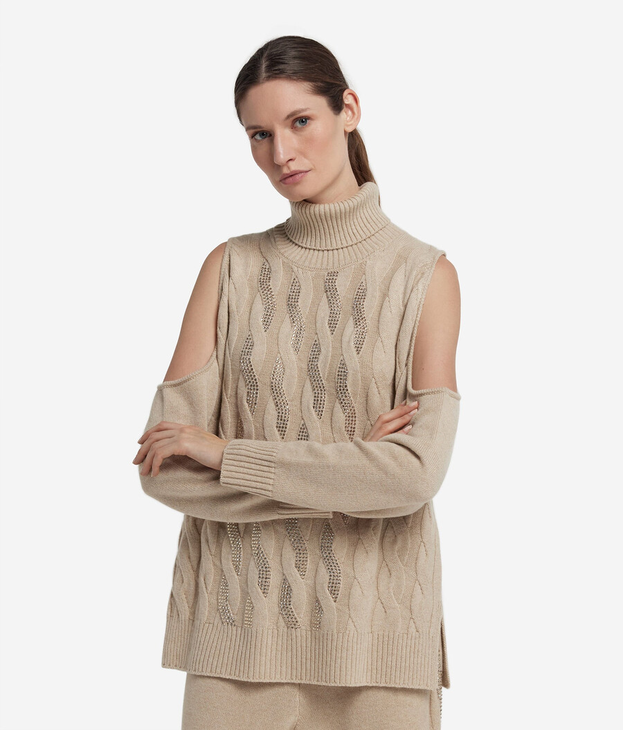 ultraweiches kaschmir-top mit cut-outs zopfmuster und strasssteinen