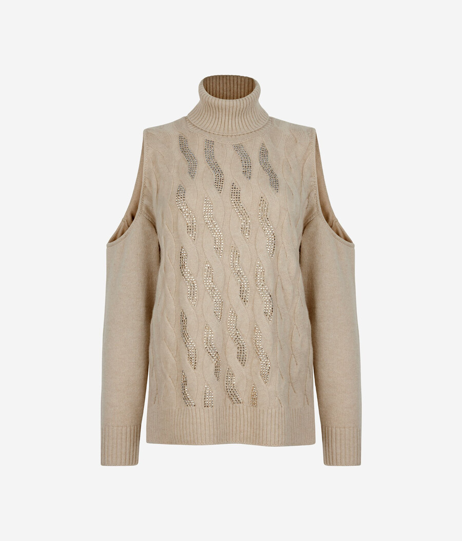 ultraweiches kaschmir-top mit cut-outs zopfmuster und strasssteinen