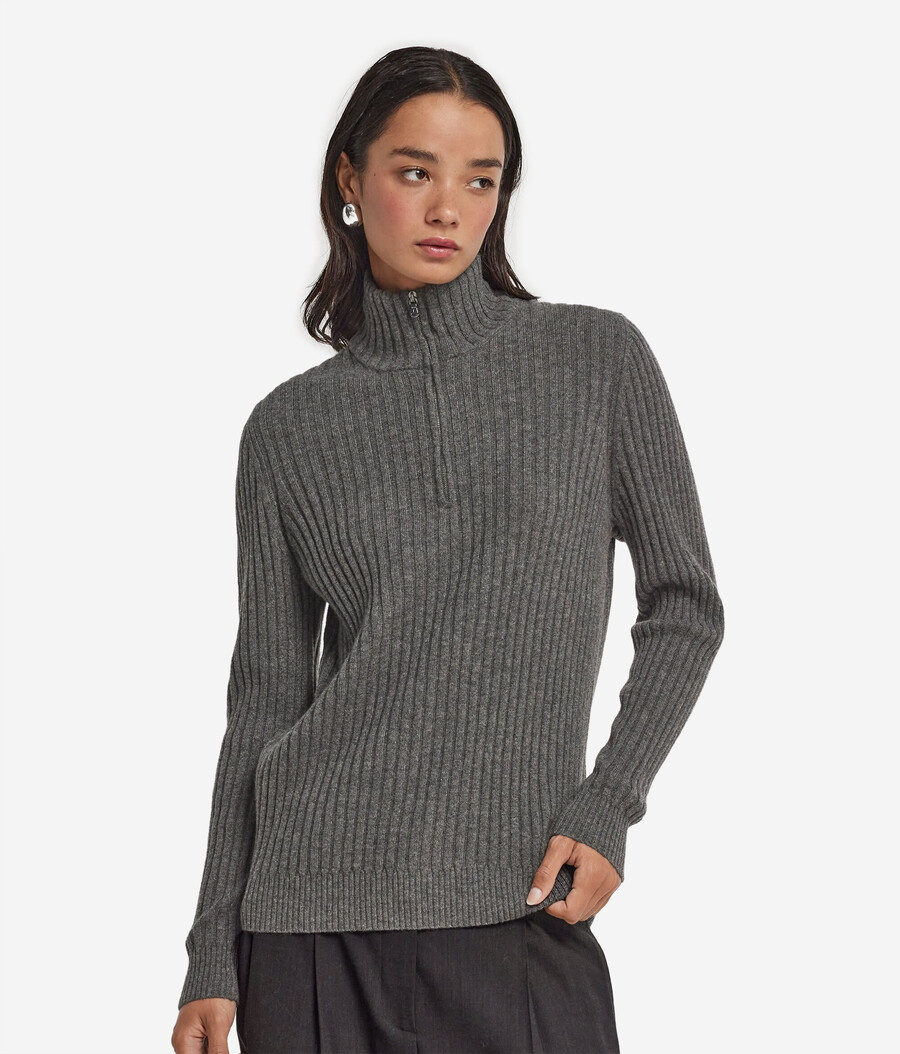 gerippter ultraweicher kaschmirpullover mit halbem reißverschluss