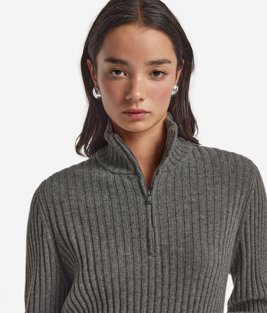 gerippter ultraweicher kaschmirpullover mit halbem reißverschluss