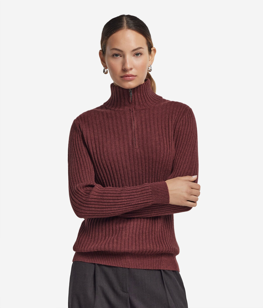 gerippter ultraweicher kaschmirpullover mit halbem reißverschluss