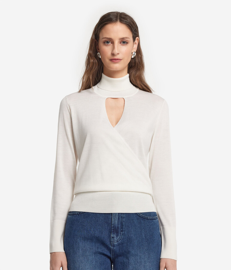 ultrafeiner kaschmirpullover mit hohem kragen und wickeloptik